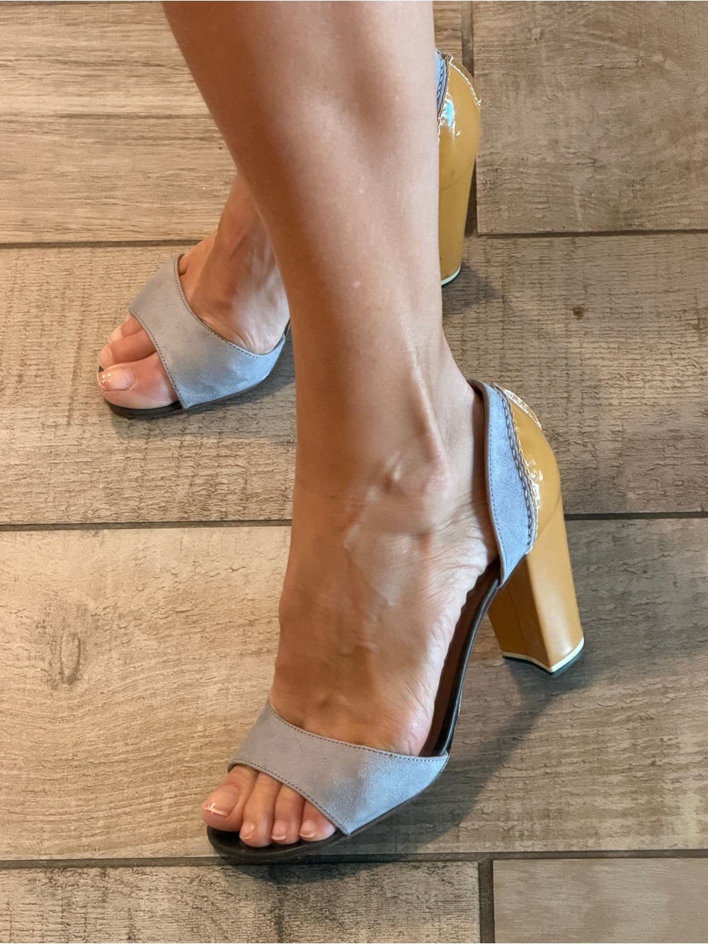 Moreschi Italy Dusty Lavender Suede & Mustard Patent Block Heel Sandals Size 36 - Picture 7 of 8